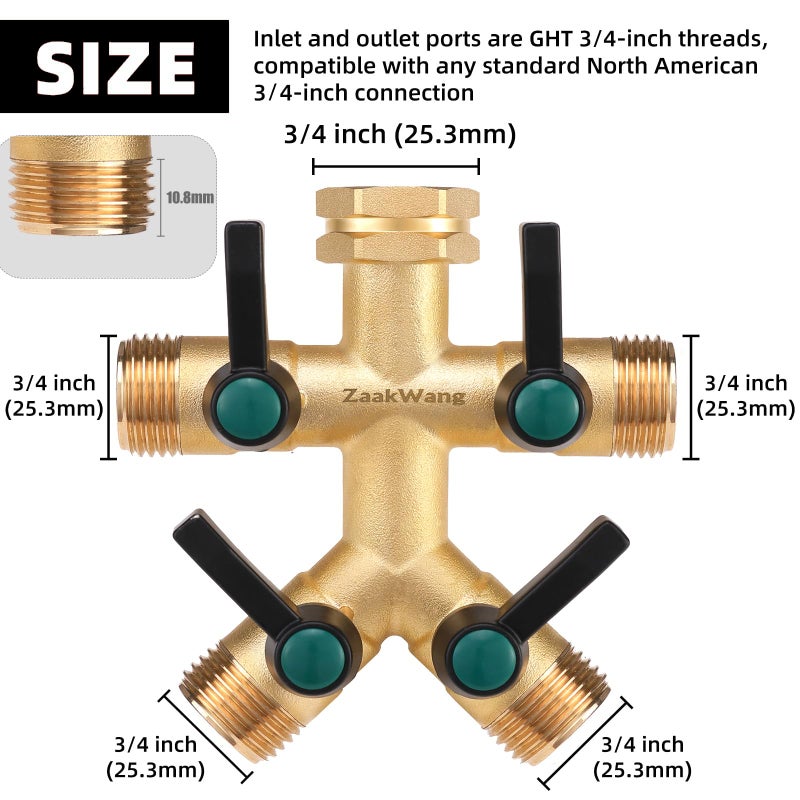 ZaakWang Garden Faucet Splitter  4 Way Hose Splitter  Multi-Directional High Output Outdoor Splitter  3/4"" GHT Thickened Hex Inlet  Heavy Duty Solid Brass Spigot Adapter with Comfort Extension Handles - Image 2